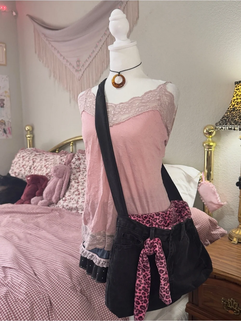 Black Canvas Crossbody Bag with Pink Leopard Accent - Women's Crossbody